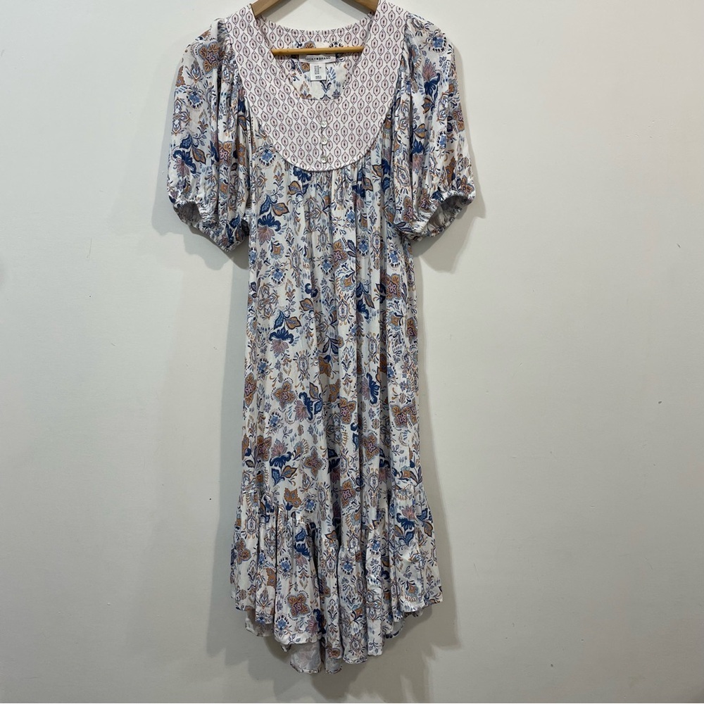 Lucky Brand Paisely Peasant Puff Sleeve Lagenlook Prairie Midi Dress Size XS